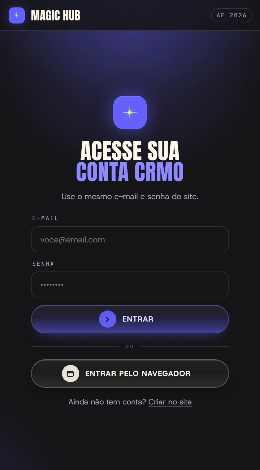 O Magic Hub pedindo e-mail e senha