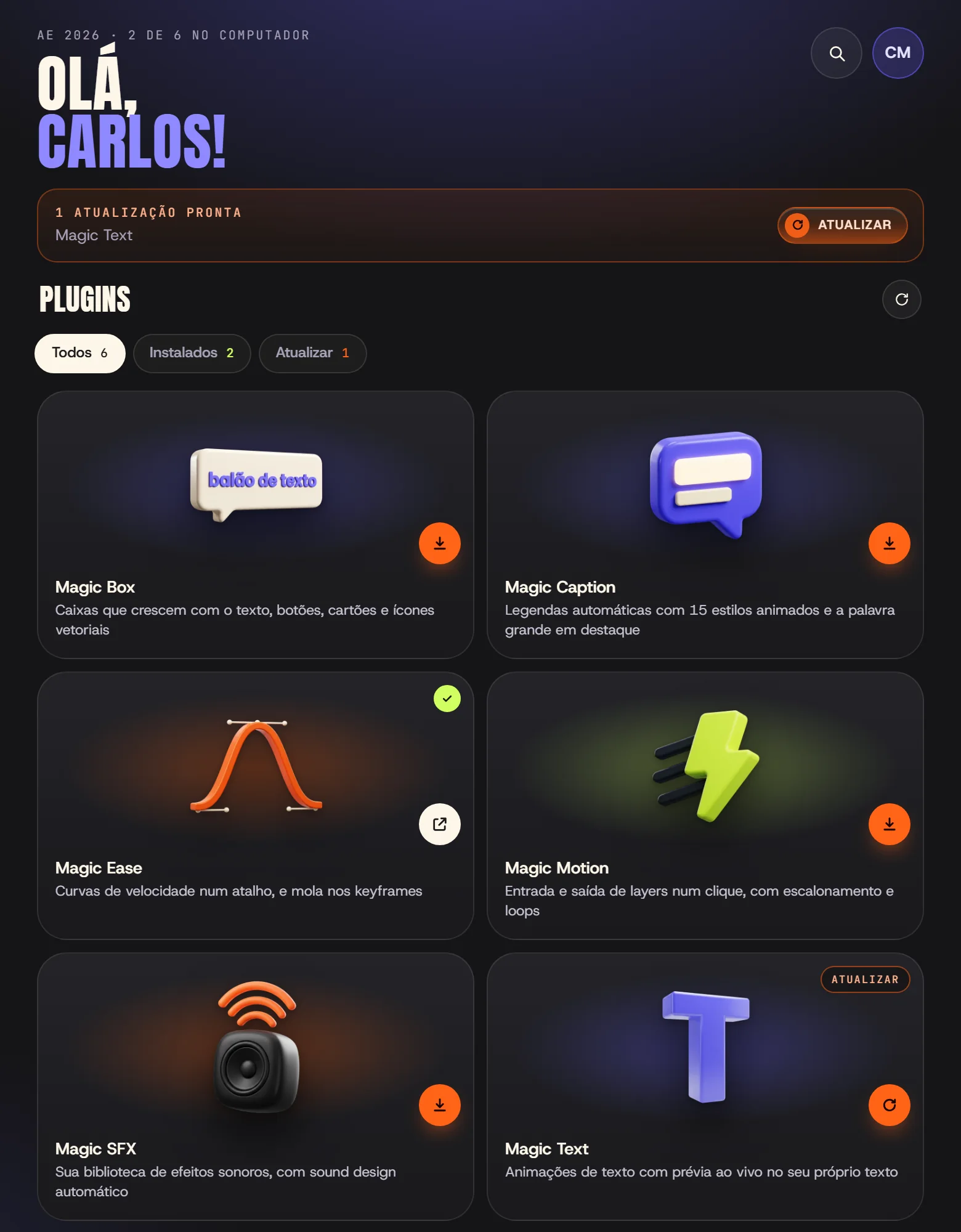 O Magic Hub com os seis plugins para instalar